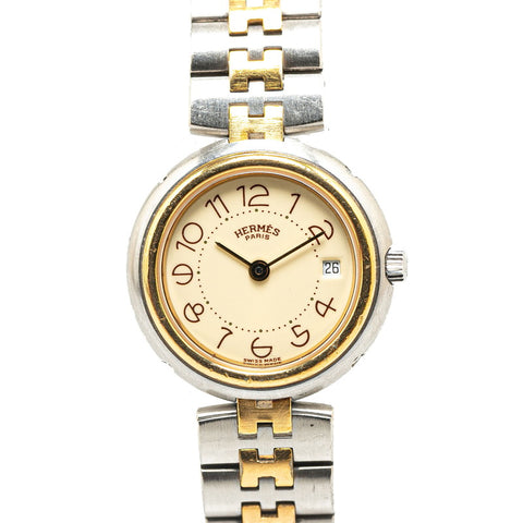 エルメス プロフィール 腕時計 クオーツ アイボリー文字盤 ステンレススチール メッキ レディース HERMES 【中古】