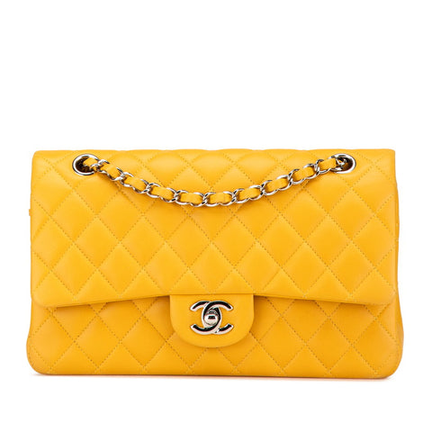 シャネル マトラッセ ココマーク Wフラップ チェーン ショルダーバッグ イエロー シルバー ラムスキン レディース CHANEL 【中古】