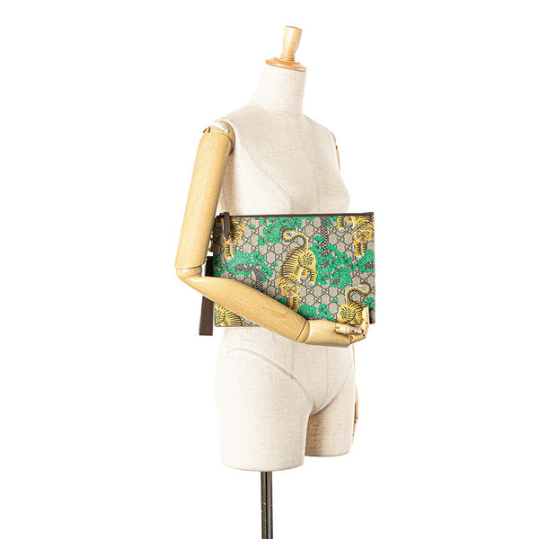 グッチ GGスプリーム タイガー 虎 クラッチバッグ 451473 ブラウン グリーン イエロー PVC レザー レディース GUCCI 【中古】