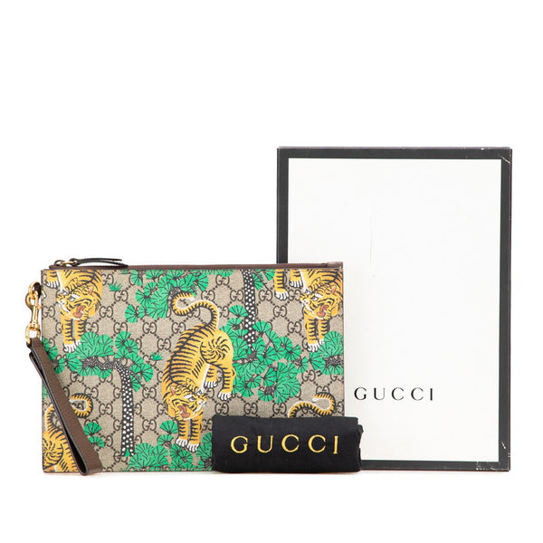 グッチ GGスプリーム タイガー 虎 クラッチバッグ 451473 ブラウン グリーン イエロー PVC レザー レディース GUCCI 【中古】