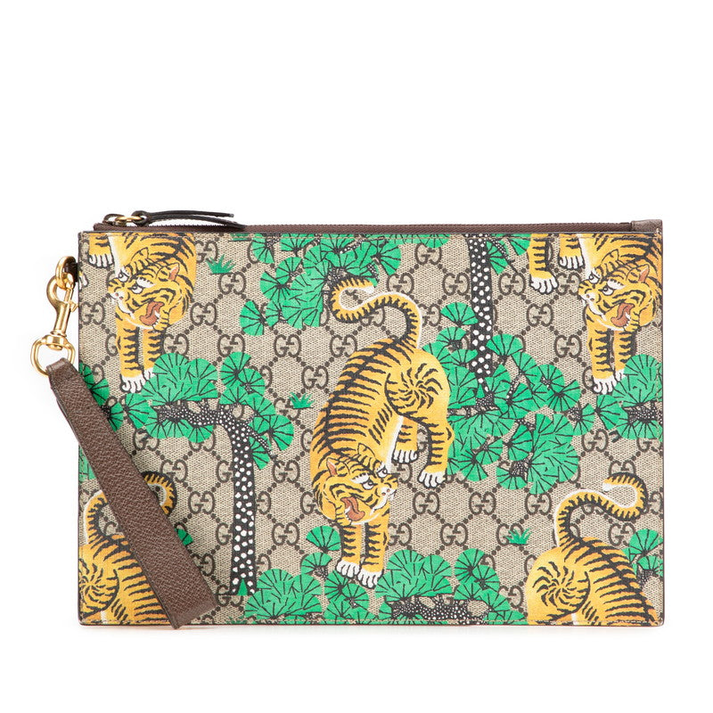グッチ GGスプリーム タイガー 虎 クラッチバッグ 451473 ブラウン グリーン イエロー PVC レザー レディース GUCCI 【中古】