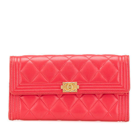 シャネル ボーイシャネル ココマーク 長財布 A80286 レッド ラムスキン レディース CHANEL 【中古】