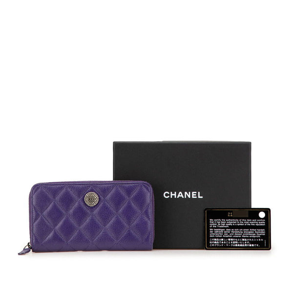 シャネル マトラッセ ココマーク 長財布 ラウンドファスナー パープル シルバー ラムスキン レディース CHANEL 【中古】
