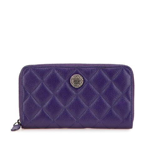 シャネル マトラッセ ココマーク 長財布 ラウンドファスナー パープル シルバー ラムスキン レディース CHANEL 【中古】
