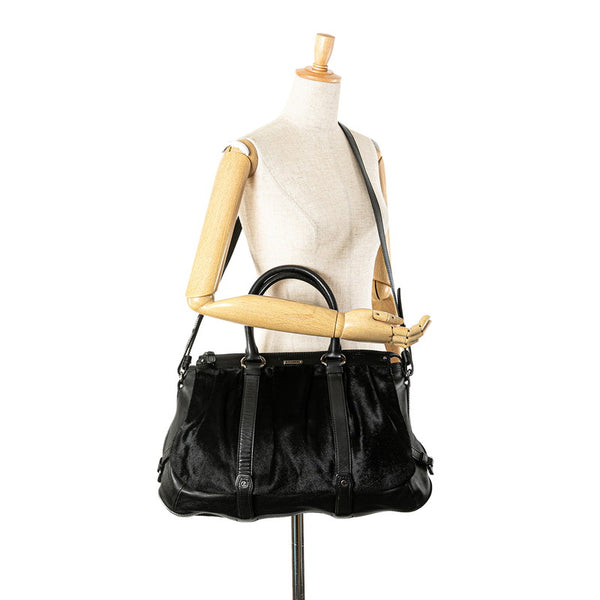 セリーヌ マカダム トリオンフ ハンドバッグ ショルダーバッグ 2WAY ブラック レザー ハラコ レディース CELINE 【中古】