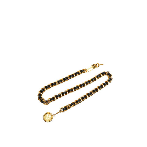 シャネル ココマーク カンボンコイン チェーン ベルト ゴールド ブラック メッキ レザー レディース CHANEL 【中古】