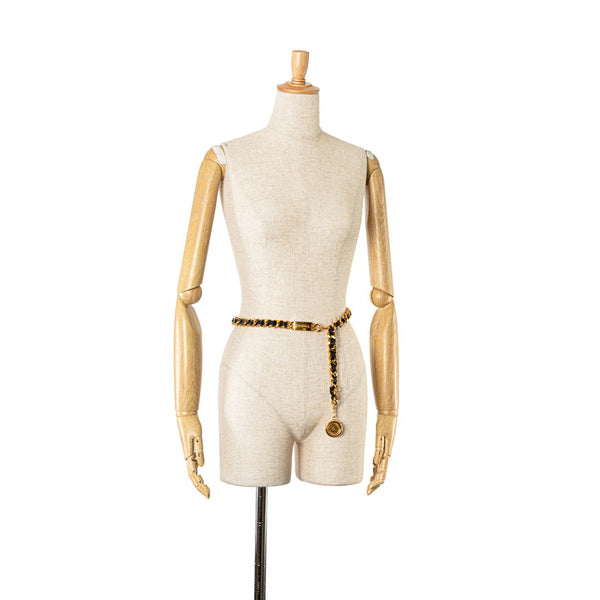 シャネル ココマーク カンボンコイン チェーン ベルト ゴールド ブラック メッキ レザー レディース CHANEL 【中古】