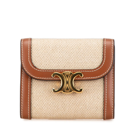 セリーヌ トリオンフ スモール フラップ ウォレット 二つ折り財布 ベージュ タン ブラウン キャンバス レザー レディース CELINE 【中古】