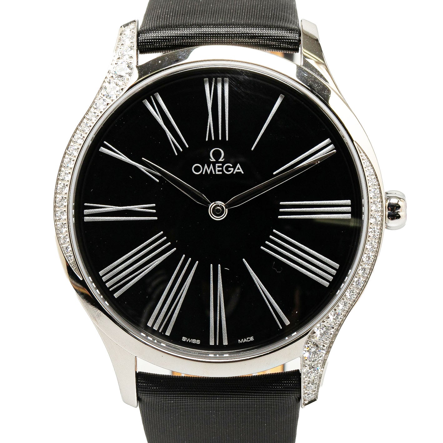 オメガ デ ビル トレゾア 純正ダイヤ 腕時計 428.17.39.60.01.001 クオーツ ブラック文字盤 ステンレススチール サテンバンド メンズ OMEGA 【中古】