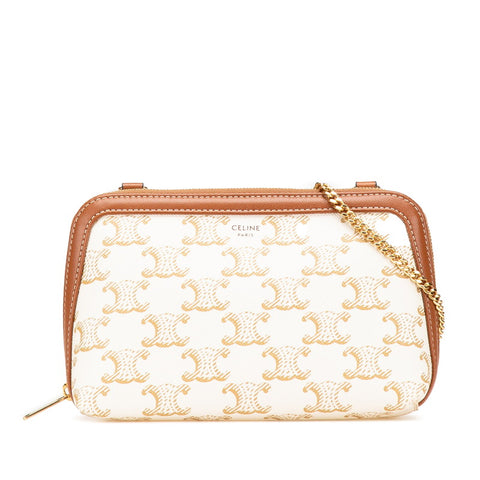 セリーヌ トリオンフ チェーン ショルダーバッグ ホワイト ブラウン ゴールド PVC レザー レディース CELINE 【中古】