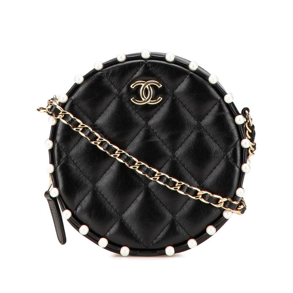 シャネル マトラッセ ココマーク ラウンド ミニ チェーン ショルダーバッグ  ブラック フェイクパール ラムスキン レディース CHANEL 【中古】