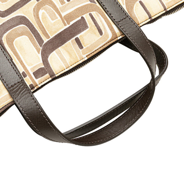 プラダ 三角ロゴプレート トートバッグ ショルダーバッグ 2WAY ベージュ ブラウン キャンバス レザー レディース PRADA 【中古】