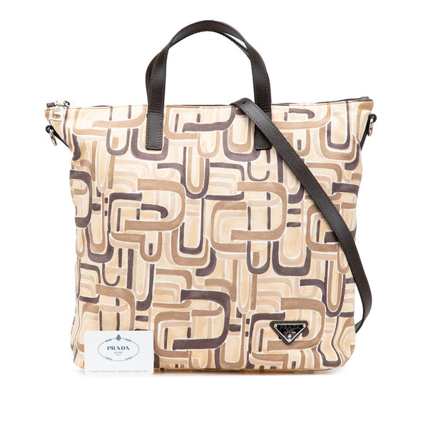 プラダ 三角ロゴプレート トートバッグ ショルダーバッグ 2WAY ベージュ ブラウン キャンバス レザー レディース PRADA 【中古】