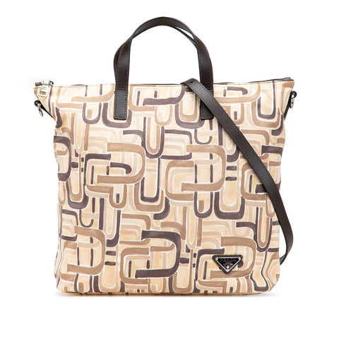 プラダ 三角ロゴプレート トートバッグ ショルダーバッグ 2WAY ベージュ ブラウン キャンバス レザー レディース PRADA 【中古】