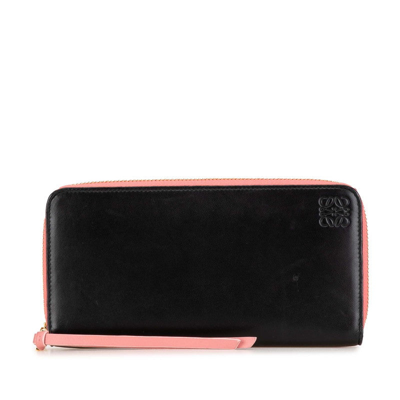 ロエベ アナグラム ラウンドファスナー 長財布 ブラック ピンク レザー レディース LOEWE 【中古】