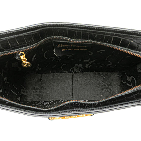 サルヴァトーレフェラガモ ガンチーニ クロコ型押し ショルダーバッグ ブラック レザー レディース Salvatore Ferragamo 【中古】