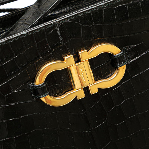 サルヴァトーレフェラガモ ガンチーニ クロコ型押し ショルダーバッグ ブラック レザー レディース Salvatore Ferragamo 【中古】