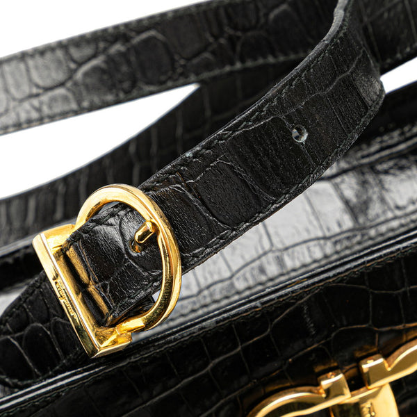 サルヴァトーレフェラガモ ガンチーニ クロコ型押し ショルダーバッグ ブラック レザー レディース Salvatore Ferragamo 【中古】