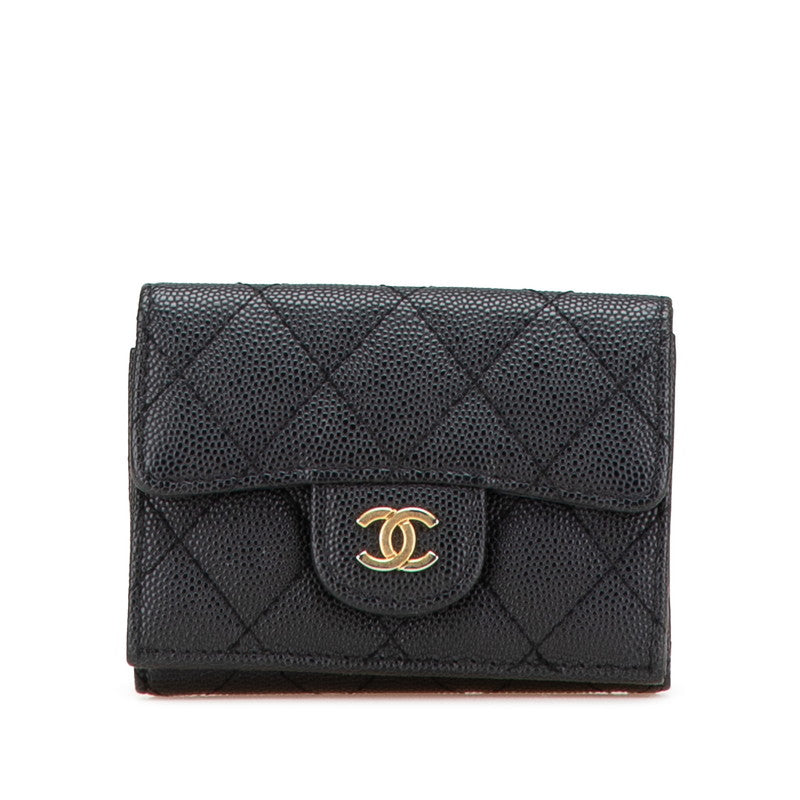 シャネル ココマーク マトラッセ 三つ折り財布 ブラック キャビアスキン レディース CHANEL 【中古】