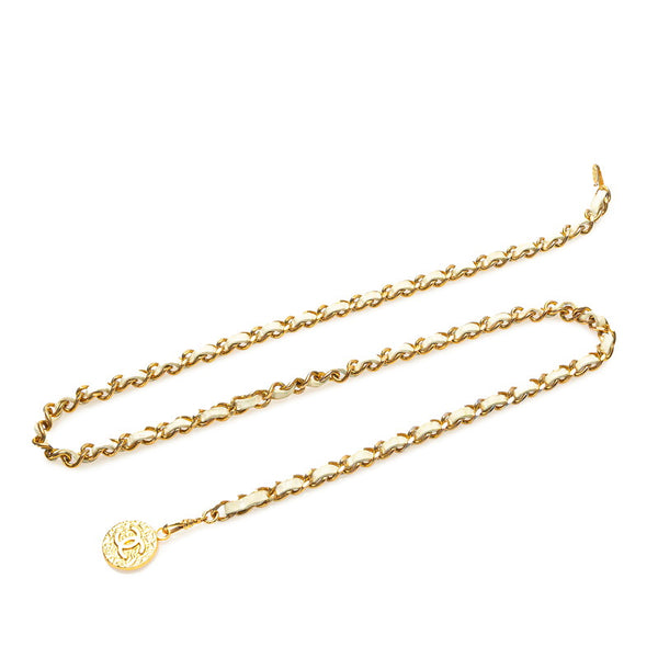 シャネル ココマーク チェーン ベルト ゴールド ホワイト メッキ レザー レディース CHANEL 【中古】