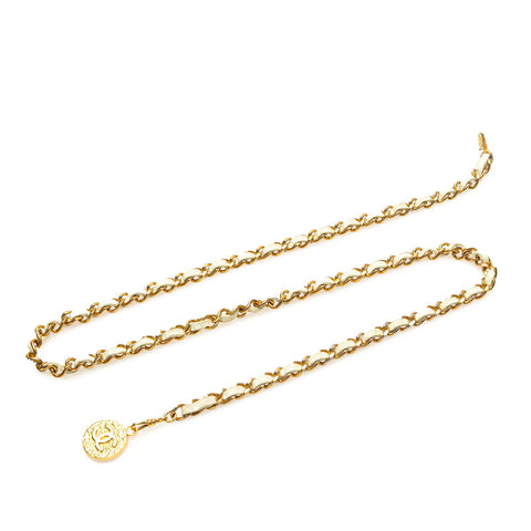 シャネル ココマーク チェーン ベルト ゴールド ホワイト メッキ レザー レディース CHANEL 【中古】