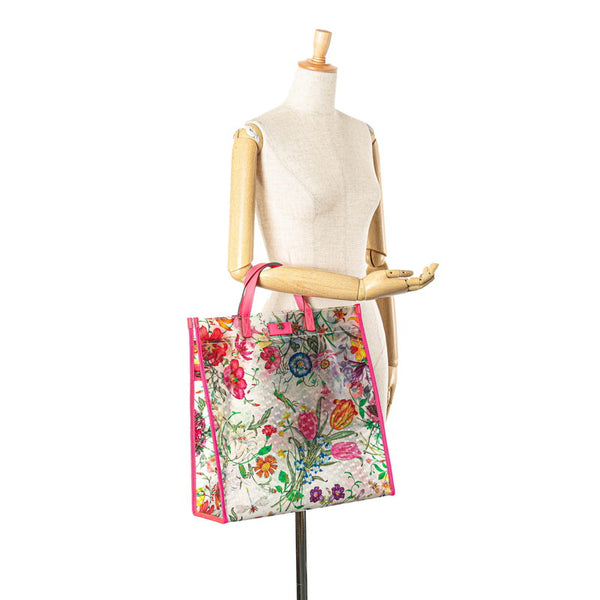 グッチ フローラ テクスチャード ハンドバッグ トートバッグ 548713  クリア ピンク マルチカラー ビニール レザー レディース GUCCI 【中古】