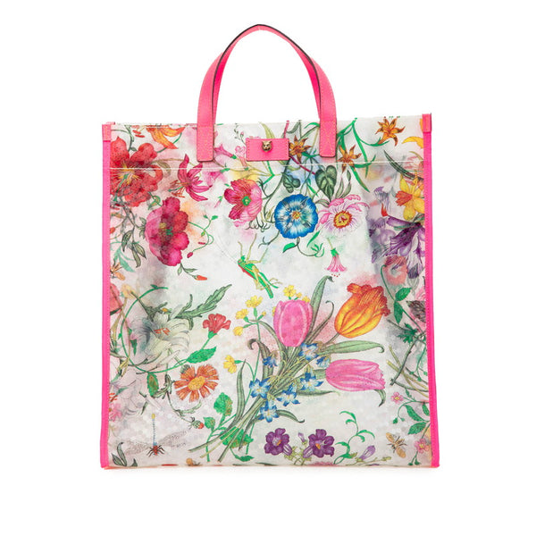 グッチ フローラ テクスチャード ハンドバッグ トートバッグ 548713  クリア ピンク マルチカラー ビニール レザー レディース GUCCI 【中古】