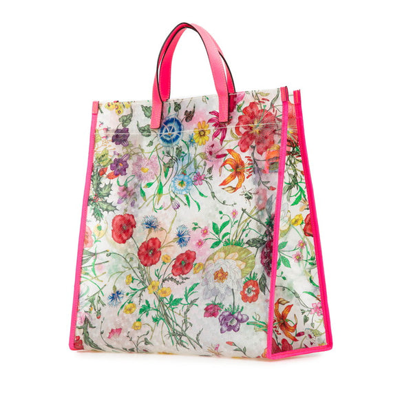 グッチ フローラ テクスチャード ハンドバッグ トートバッグ 548713  クリア ピンク マルチカラー ビニール レザー レディース GUCCI 【中古】