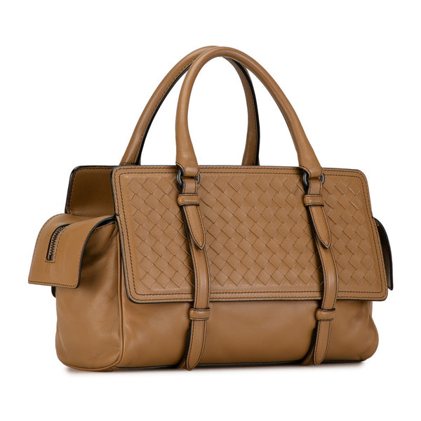 ボッテガヴェネタ イントレチャート ハンドバッグ ブラウン ベージュ レザー レディース BOTTEGAVENETA 【中古】