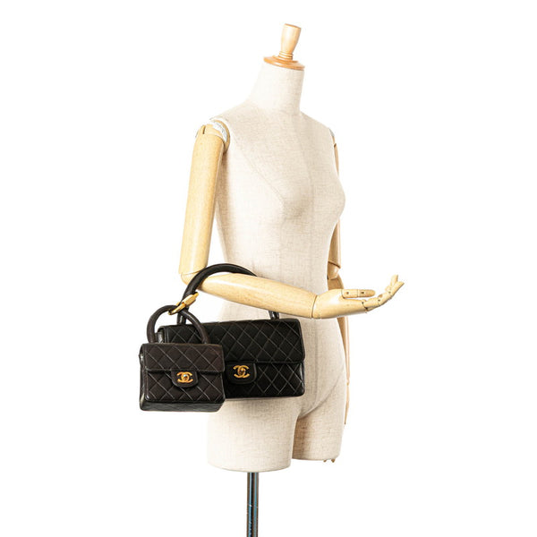 シャネル トップハンドル 親子バッグ ハンドバッグ ブラック ラムスキン レディース CHANEL 【中古】