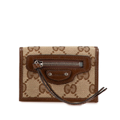 グッチ × バレンシアガ GGキャンバス 三つ折り財布 681708 ベージュ ブラウン キャンバス レザー レディース GUCCI 【中古】