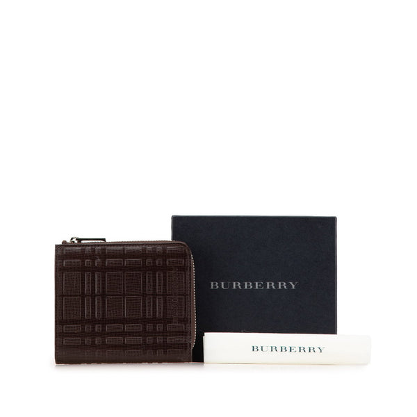 バーバリー エンボスチェック ノバチェック L字ファスナー コンパクト財布 キーケース ブラウン レザー メンズ BURBERRY 【中古】
