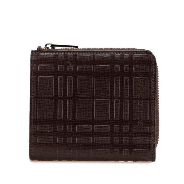 バーバリー エンボスチェック ノバチェック L字ファスナー コンパクト財布 キーケース ブラウン レザー メンズ BURBERRY 【中古】