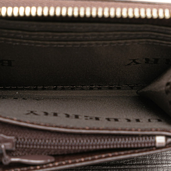 バーバリー エンボスチェック ノバチェック L字ファスナー コンパクト財布 キーケース ブラウン レザー メンズ BURBERRY 【中古】