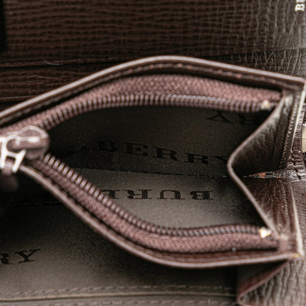 バーバリー エンボスチェック ノバチェック L字ファスナー コンパクト財布 キーケース ブラウン レザー メンズ BURBERRY 【中古】