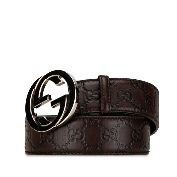 グッチ グッチシマ インターロッキングG ベルト 85/34 114984 ブラウン シルバー レザー レディース GUCCI 【中古】