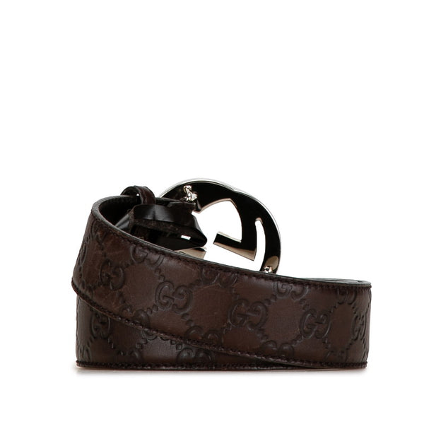 グッチ グッチシマ インターロッキングG ベルト 85/34 114984 ブラウン シルバー レザー レディース GUCCI 【中古】