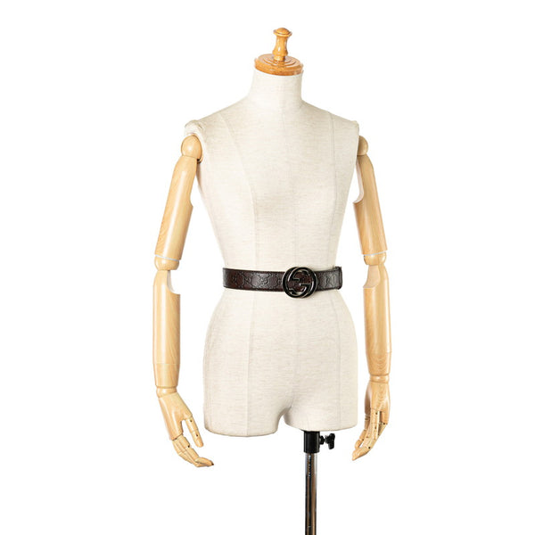 グッチ グッチシマ インターロッキングG ベルト 85/34 114984 ブラウン シルバー レザー レディース GUCCI 【中古】