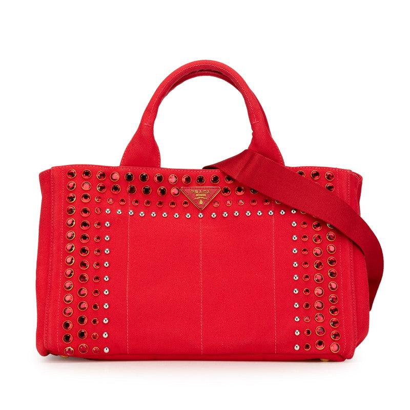 プラダ 三角ロゴプレート カナパM ビジュー ハンドバッグ ショルダーバッグ 2WAY レッド キャンバス レディース PRADA 【中古】