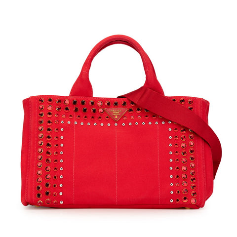 プラダ 三角ロゴプレート カナパM ビジュー ハンドバッグ ショルダーバッグ 2WAY レッド キャンバス レディース PRADA 【中古】