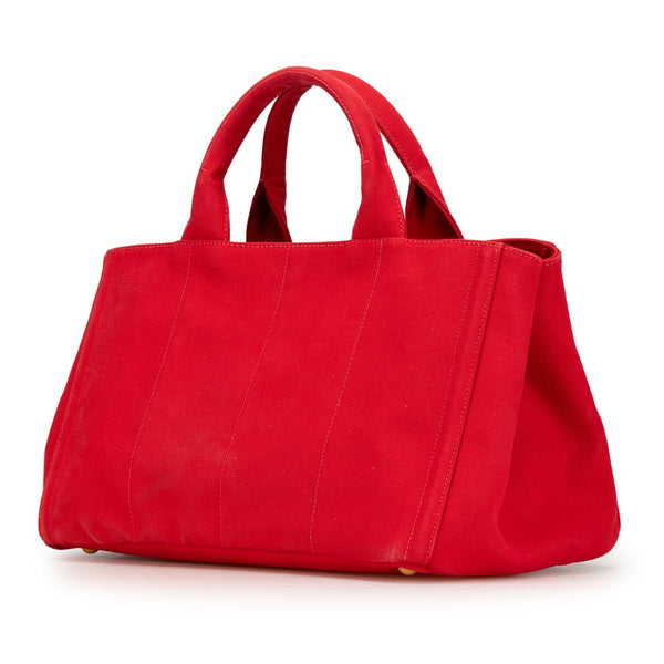 プラダ 三角ロゴプレート カナパM ビジュー ハンドバッグ ショルダーバッグ 2WAY レッド キャンバス レディース PRADA 【中古】