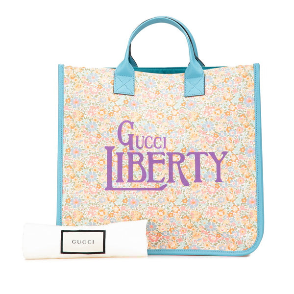 グッチ × LIBERTY リバティ チルドレンズ フラワー 花 トートバッグ ハンドバッグ 550763 ライトブルー オレンジ マルチカラー キャンバス レザー レディース GUCCI 【中古】