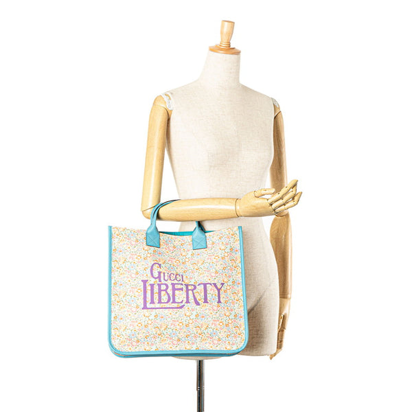グッチ × LIBERTY リバティ チルドレンズ フラワー 花 トートバッグ ハンドバッグ 550763 ライトブルー オレンジ マルチカラー キャンバス レザー レディース GUCCI 【中古】