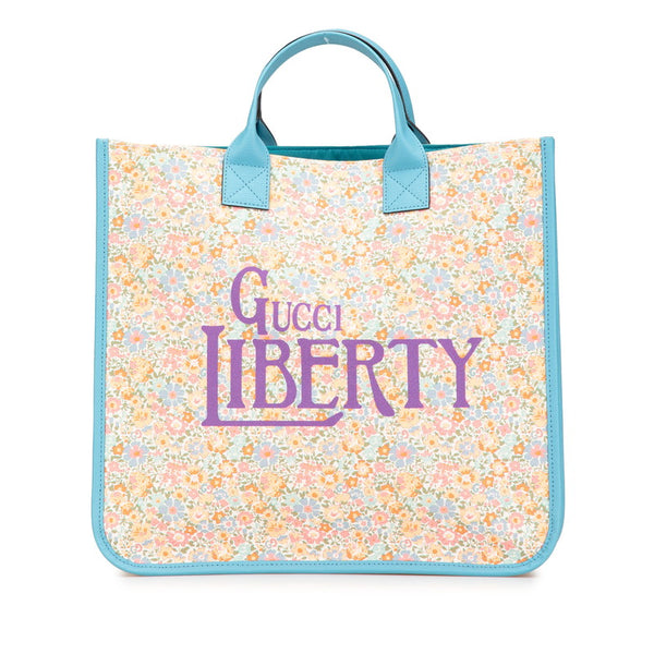 グッチ × LIBERTY リバティ チルドレンズ フラワー 花 トートバッグ ハンドバッグ 550763 ライトブルー オレンジ マルチカラー キャンバス レザー レディース GUCCI 【中古】
