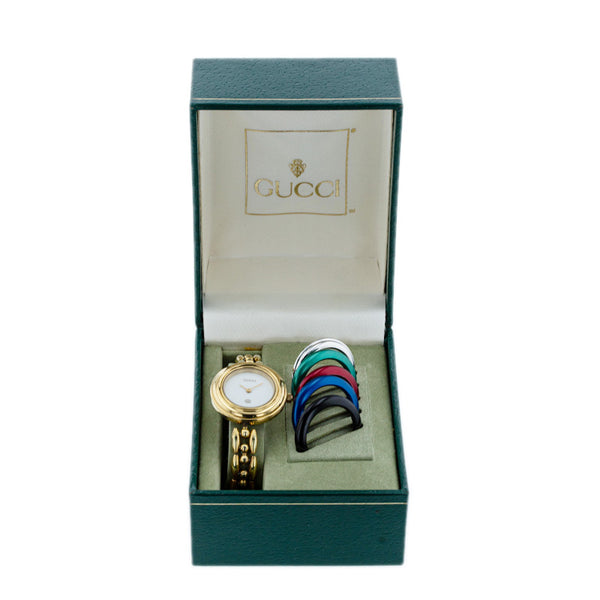 グッチ チェンジベゼル 5 ゴールド メッキ 腕時計 レディース GUCCI クオーツ ホワイト文字盤 【中古】