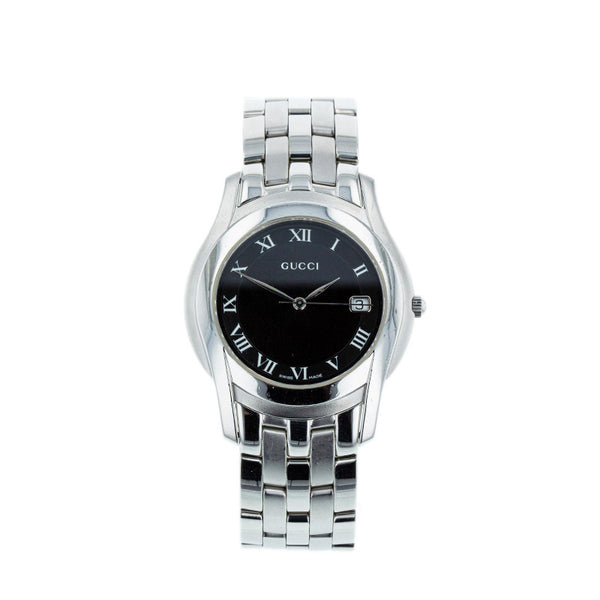 グッチ 5500M シルバー ステンレススチール 腕時計 メンズ GUCCI クオーツ ブラック文字盤 【中古】