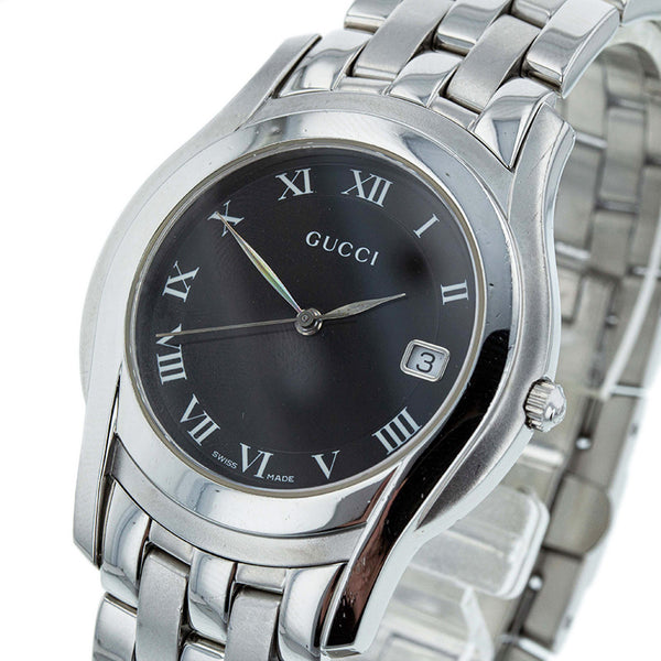 グッチ 5500M シルバー ステンレススチール 腕時計 メンズ GUCCI クオーツ ブラック文字盤 【中古】