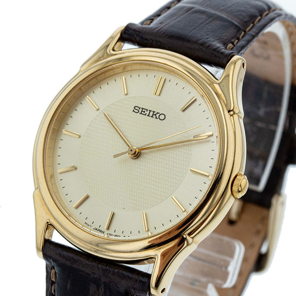 セイコー V701-1920 ブラウン ゴールド レザー ステンレススチール 腕時計 メンズ SEIKO クオーツ ゴールド文字盤 【中古】