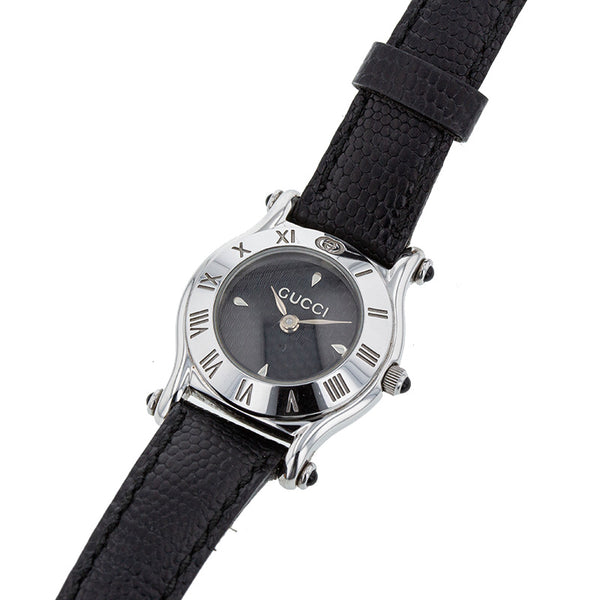 グッチ 6500P シルバー ブラック ステンレススチール レザー 腕時計 レディース GUCCI クオーツ ブラック文字盤 【中古】