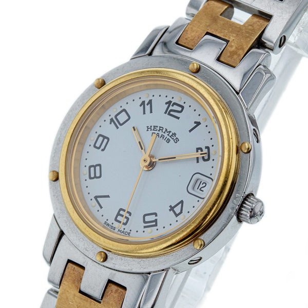 エルメス クリッパー コンビ 腕時計 CL4.220 クオーツ ホワイト文字盤 ステンレススチール メッキ レディース HERMES 【中古】